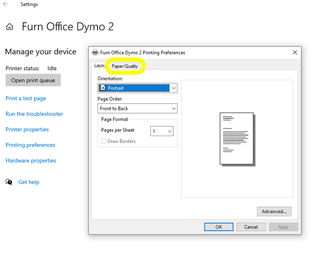 Printer Preferences Layout