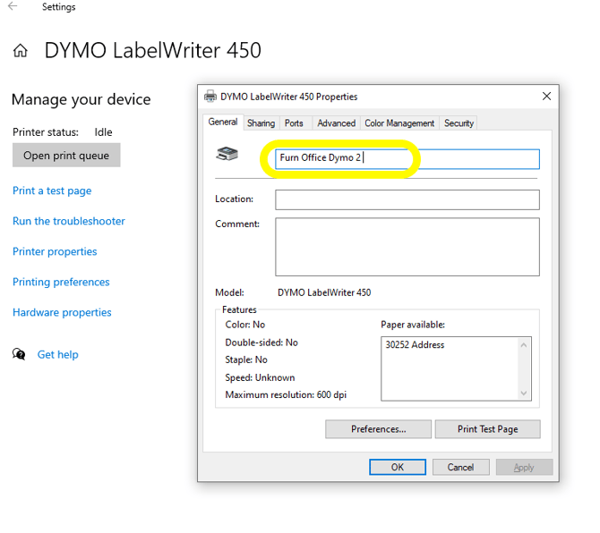 Printer Properties Rename Printer